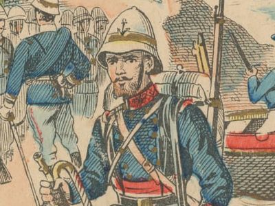 Petit Protège Cahier Scolaire Histoire de France - XIX illustration - Le Drapeau Français - La Guerre en Chine 1900 - Marsouins à l'attaque - Débarquement des premières troupes
