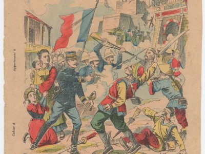 Petit Protège Cahier Scolaire Histoire de France - XIX illustration - Le Drapeau Français - La Guerre en Chine 1900 - Marsouins à l'attaque - Tien-Tsin.