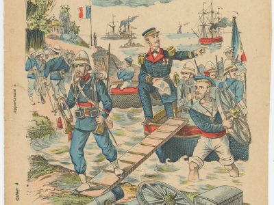 Petit Protège Cahier Scolaire Histoire de France - XIX illustration - Le Drapeau Français - La Guerre en Chine 1900 - Marsouins à l'attaque - Débarquement des premières troupes