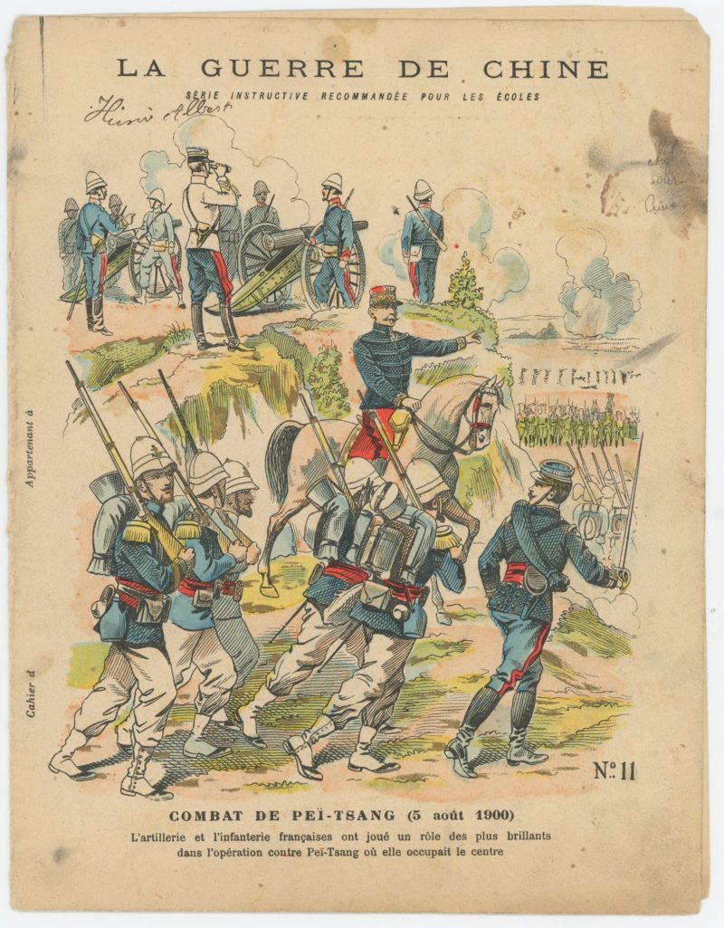 Petit Protège Cahier Scolaire Histoire de France - XIX illustration - Le Drapeau Français - La Guerre en Chine 1900 - Marsouins à l'attaque - Combat de Peï-Tsang