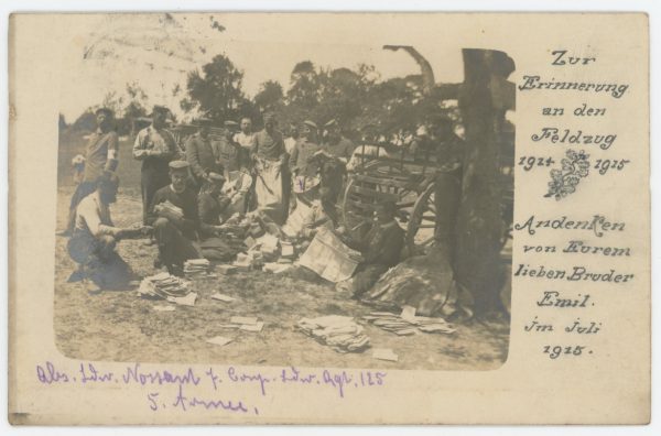 Carte Ancienne Photographie - Guerre 14/18 - Armée Allemande - 125ème Landwehr Infanterie - Prusse / Alsaciens - Conscription - Prusse Campagne 1914/1915 - Camp distribution courrier.