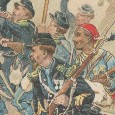 Carte Postale Illustrée - Infanterie Second Empire 1870 - Uniforme - Chasseurs - Turcos - Attaque a la baïonnette d'une villa barricadée
