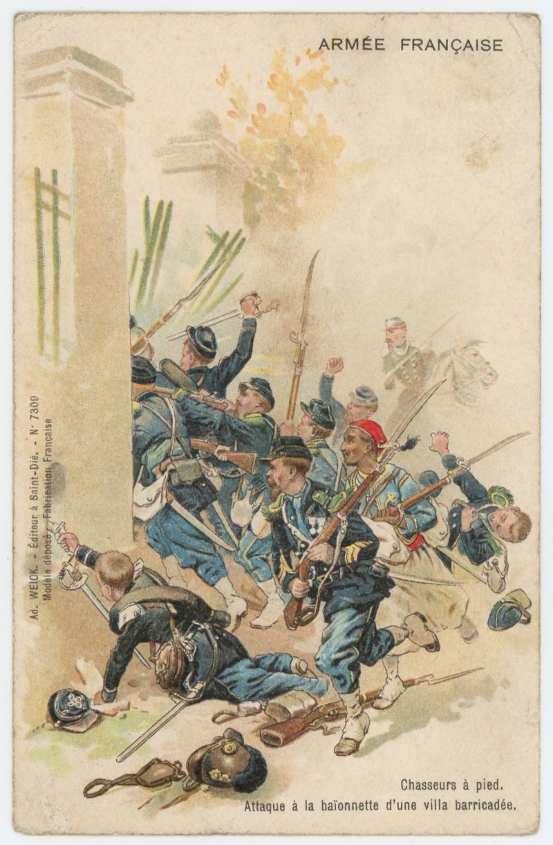 Carte Postale Illustrée - Infanterie Second Empire 1870 - Uniforme - Chasseurs - Turcos - Attaque a la baïonnette d'une villa barricadée