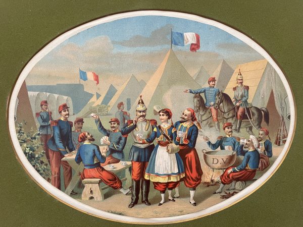 Gravure Chromolithographie XIX - Campement Zouaves - Cantinière - Uniforme - Cuirassier - 3ème République - Infanterie