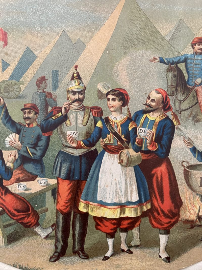 Gravure Chromolithographie XIX - Campement Zouaves - Cantinière - Uniforme - Cuirassier - 3ème République - Infanterie