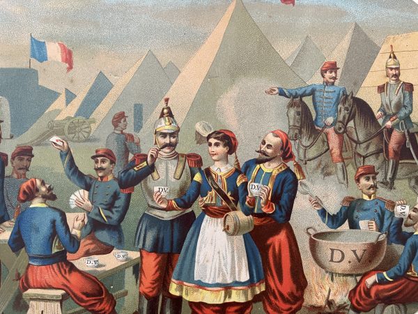 Gravure Chromolithographie XIX - Campement Zouaves - Cantinière - Uniforme - Cuirassier - 3ème République - Infanterie