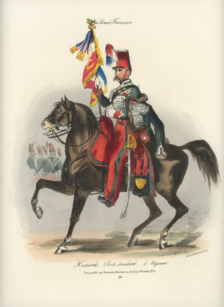 Gravure XIX - Martinet - L'armée française - Uniforme -Soldat - Monarchie de Juillet - 1830 et 1848 - Hussards 6 régiment Porte Etendard