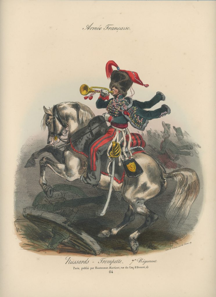 Gravure XIX - Martinet - L'armée française - Uniforme -Soldat - Monarchie de Juillet - 1830 et 1848 - Hussards 7 régiment Trompette