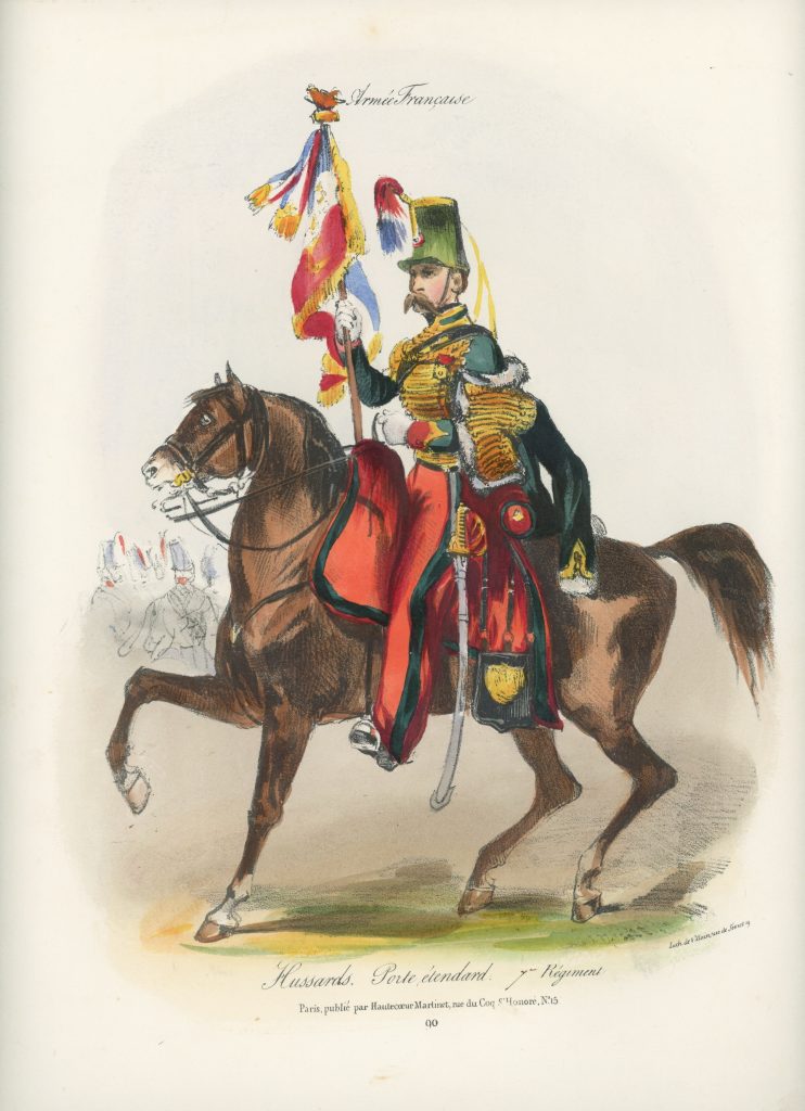 Gravure XIX - Martinet - L'armée française - Uniforme -Soldat - Monarchie de Juillet - 1830 et 1848 - Hussards 7 régiment Etendard