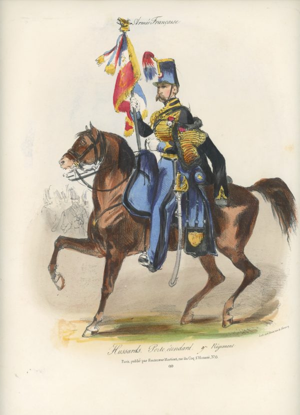 Gravure XIX - Martinet - L'armée française - Uniforme -Soldat - Monarchie de Juillet - 1830 et 1848 - Hussards 9 régiment Etendard