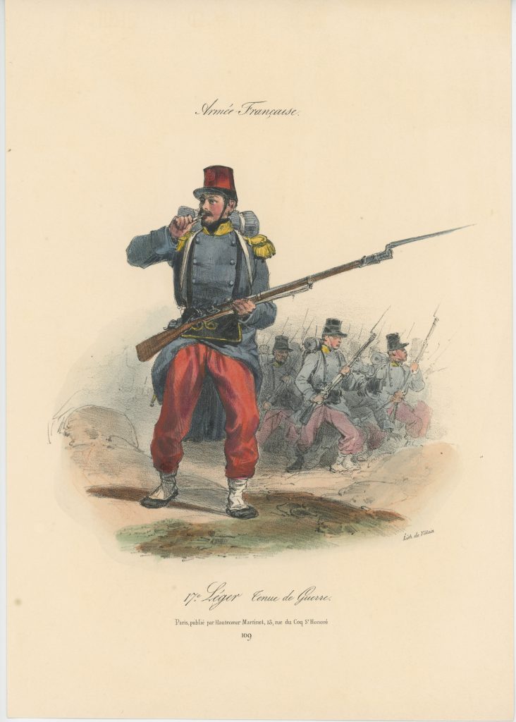 Gravure XIX - Martinet - L'armée française - Uniforme -Soldat - Monarchie de Juillet - 1830 et 1848 - 17ème Léger - Tenue de Guerre