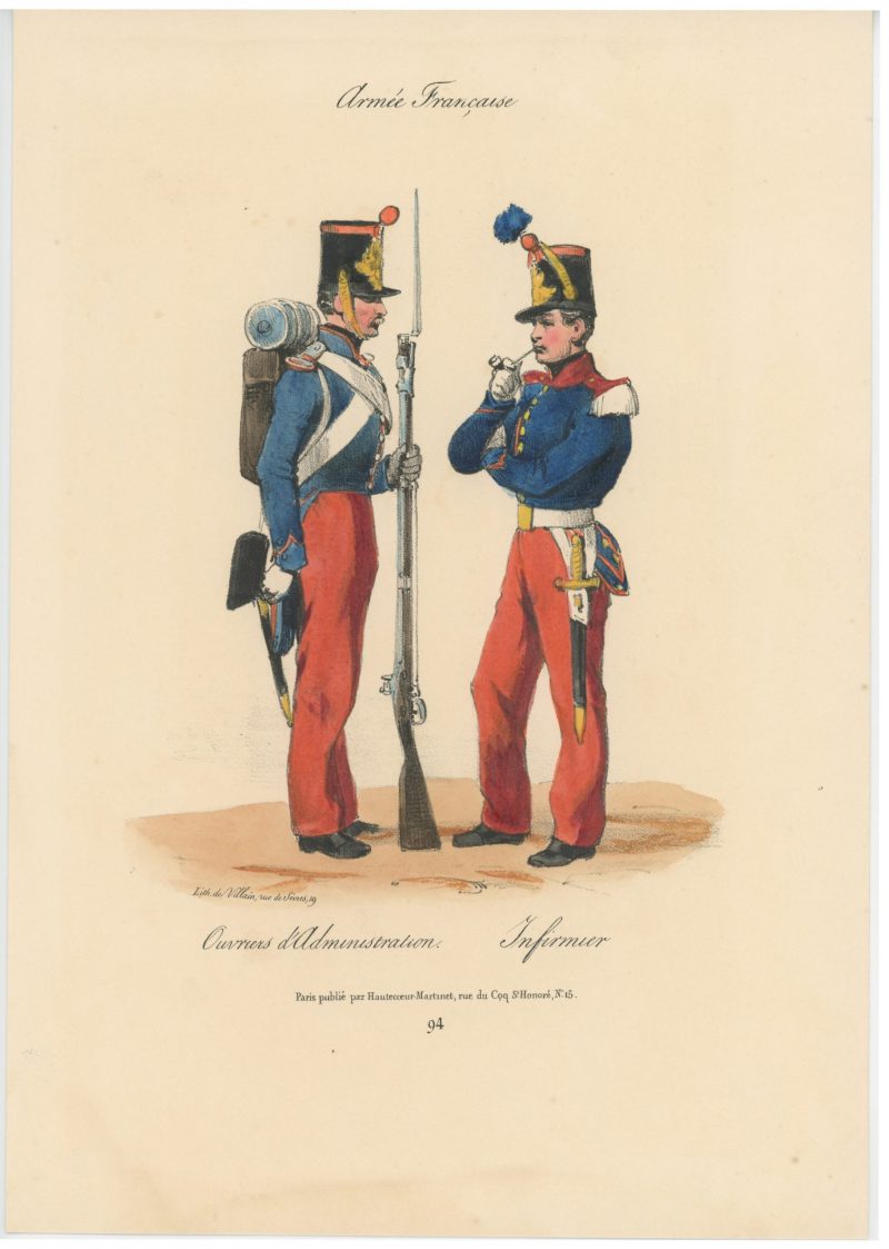 Gravure XIX - Martinet - L'armée française - Uniforme -Soldat - Monarchie de Juillet - 1830 et 1848 - Ouvrier administration - Infirmier