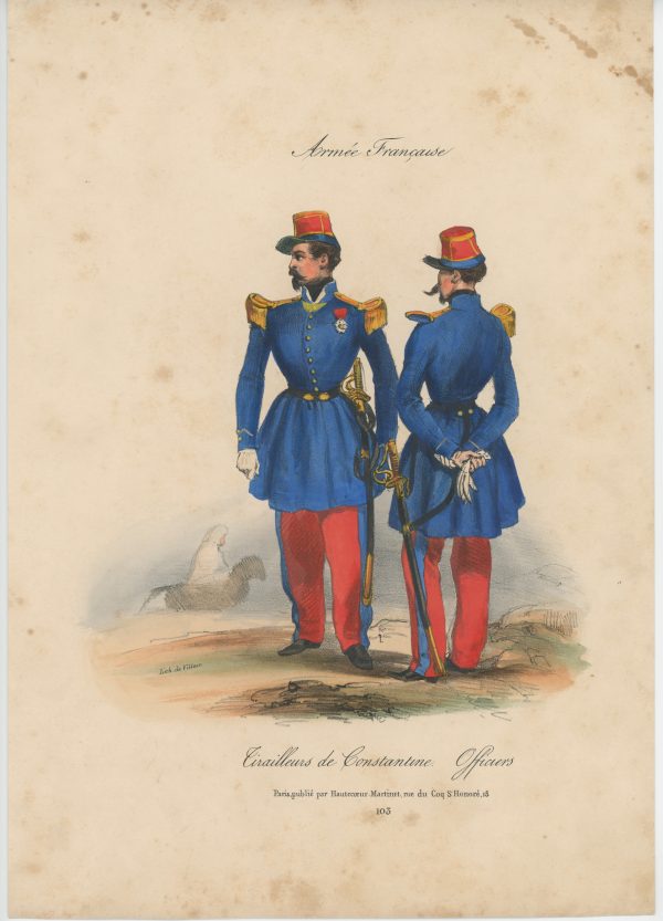Gravure XIX - Martinet - L'armée française - Uniforme -Soldat - Monarchie de Juillet - 1830 et 1848 - Tirailleurs de Constantine Officiers