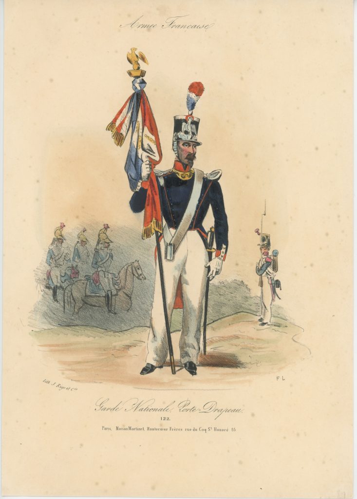 Gravure XIX - Martinet - L'armée française - Uniforme -Soldat - Monarchie de Juillet - 1830 et 1848 - Garde Nationale Porte drapeau