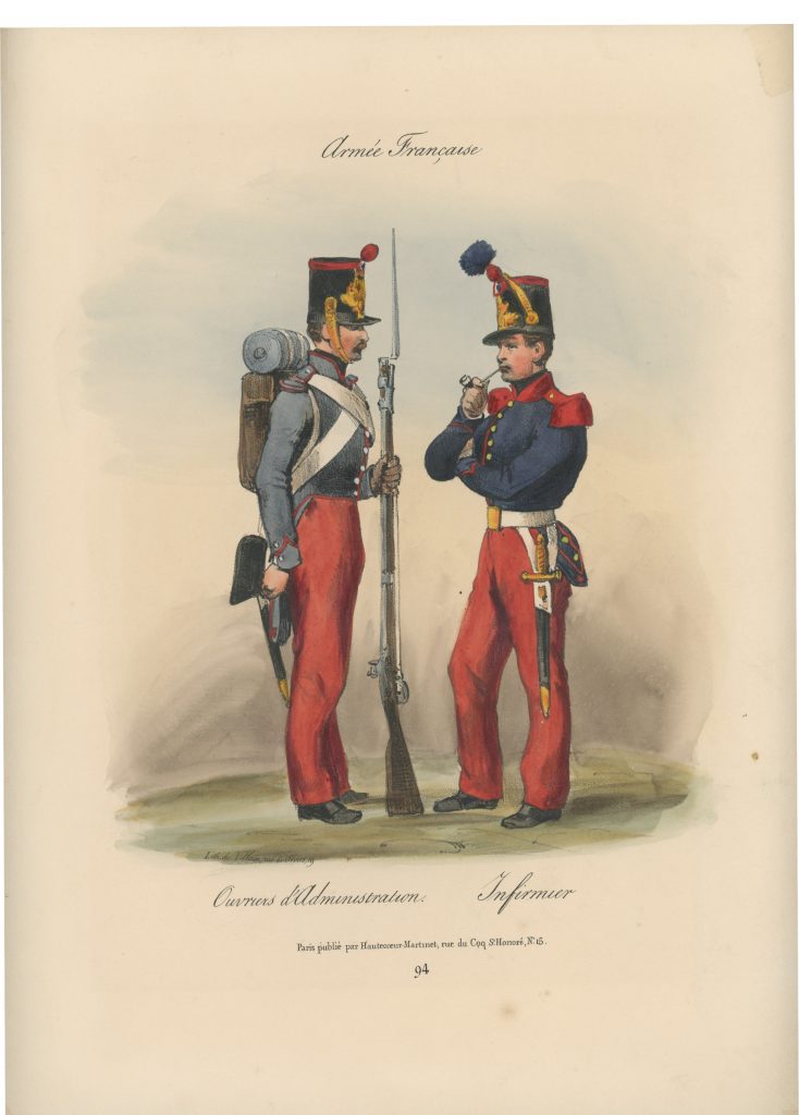 Gravure XIX - Martinet - L'armée française - Uniforme -Soldat - Monarchie de Juillet - 1830 et 1848 - Ouvrier d'administration - Infirmier