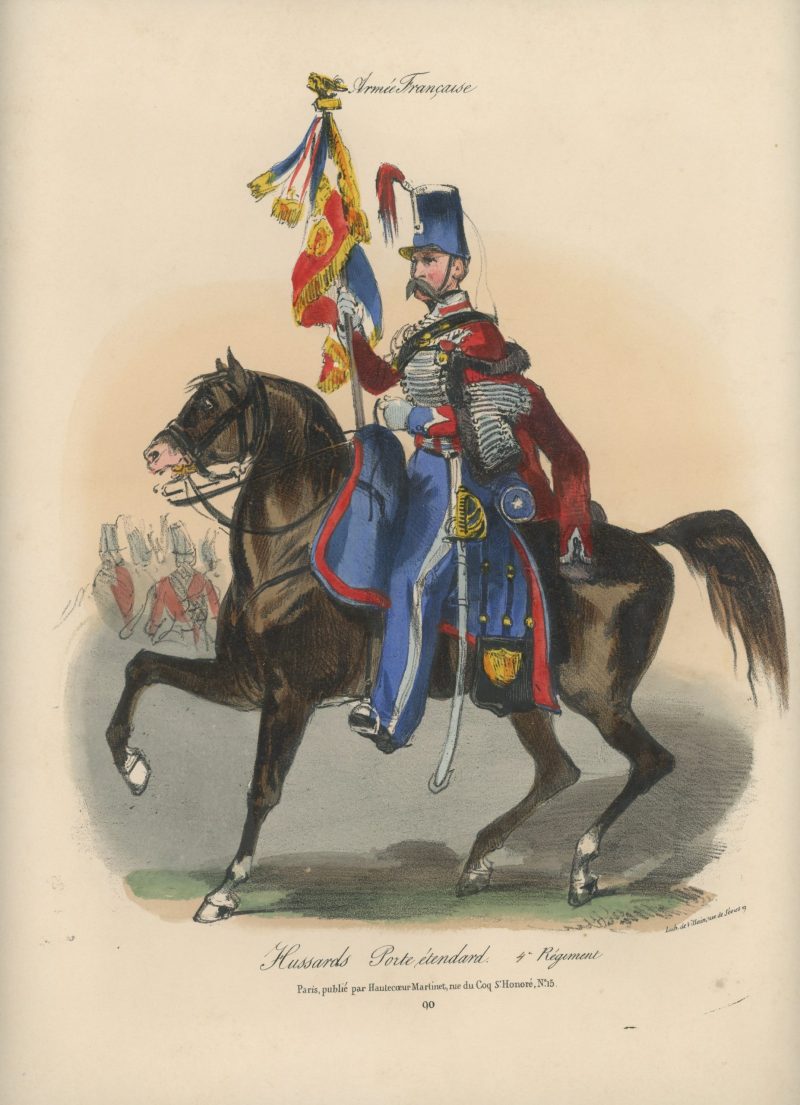 Gravure XIX - Martinet - L'armée française - Uniforme -Soldat - Monarchie de Juillet - 1830 et 1848 - Hussards 4 régiment Etendard