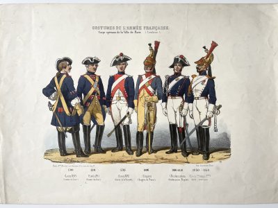 Planche ancienne sur l'armée Française - Charles Vernier - Costumes de l'armée Française - Ville de Paris - Rehaussée à la main - Corps Spéciaux