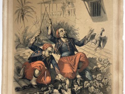 Gravure XIX - Zouaves Second Empire en maraude - Afrique - Lithographie - Napoleon III - Uniforme