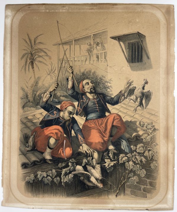 Gravure XIX - Zouaves Second Empire en maraude - Afrique - Lithographie - Napoleon III - Uniforme