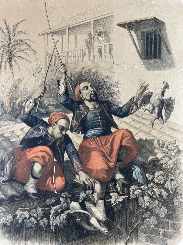 Gravure XIX - Zouaves Second Empire en maraude - Afrique - Lithographie - Napoleon III - Uniforme