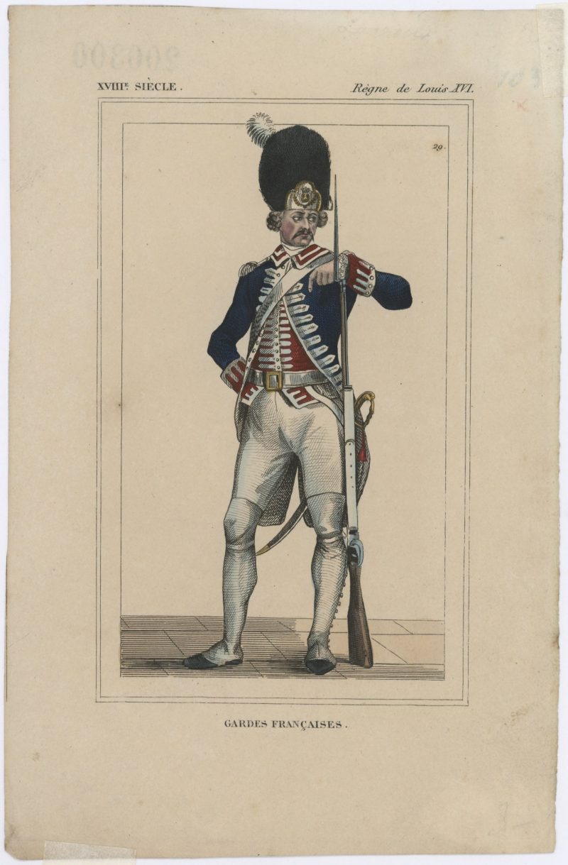 Gravure XIX - L'armée française - Uniforme -Soldat - Louis XVI - Gardes Françaises - Bonnet d'ourson