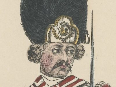 Gravure XIX - L'armée française - Uniforme -Soldat - Louis XVI - Gardes Françaises - Bonnet d'ourson