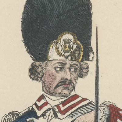 Gravure XIX - L'armée française - Uniforme -Soldat - Louis XVI - Gardes Françaises - Bonnet d'ourson