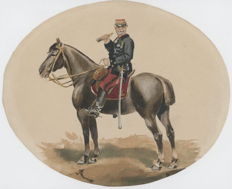 Dessin étude crayon rehaussé - Soldat Officier - Second Empire - Uniforme - Aquarelle Originale - Guerre 1870 - Militaire - Officier