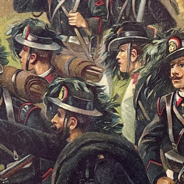 Gravure Chromolithographie XIX - Armée Italienne - Uniforme - Manœuvre - 3ème République - Infanterie - Bersaglieri