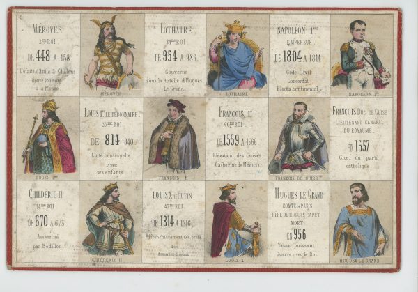 Jeu de loto - Loto des personnages célèbres France - Histoire de Franc - XIX - 9 Plaquettes de jeu - Gravures litho Rehaussé pochoir - Second Empire