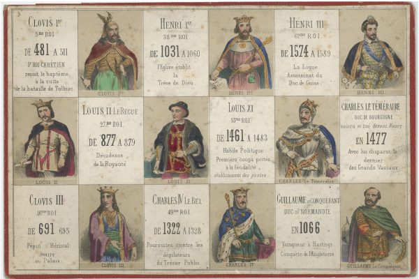 Jeu de loto - Loto des personnages célèbres France - Histoire de Franc - XIX - 9 Plaquettes de jeu - Gravures litho Rehaussé pochoir - Second Empire