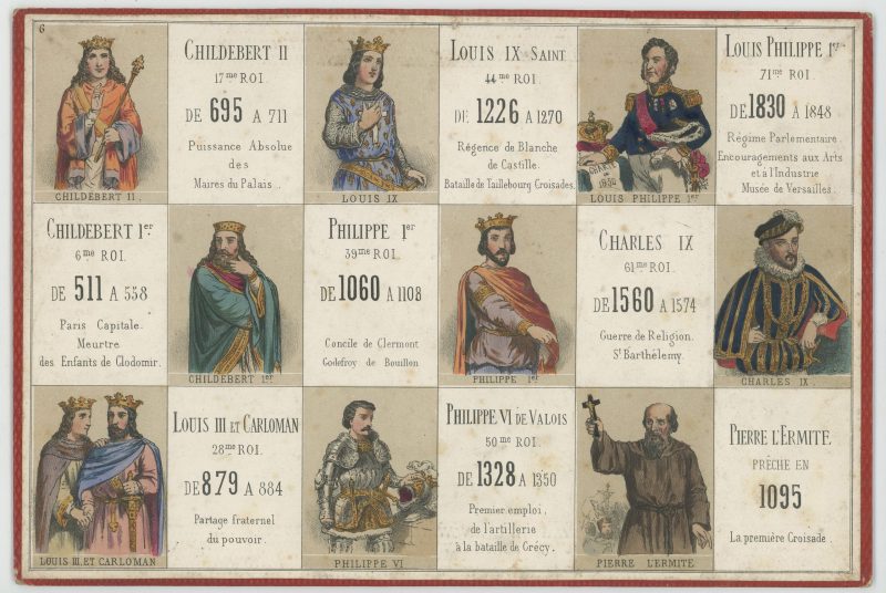 Jeu de loto - Loto des personnages célèbres France - Histoire de Franc - XIX - 9 Plaquettes de jeu - Gravures litho Rehaussé pochoir - Second Empire