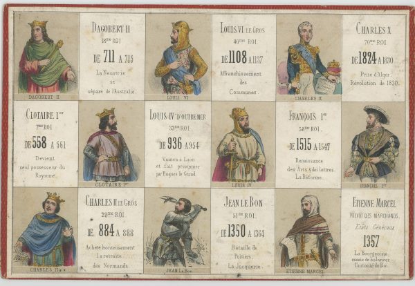 Jeu de loto - Loto des personnages célèbres France - Histoire de Franc - XIX - 9 Plaquettes de jeu - Gravures litho Rehaussé pochoir - Second Empire