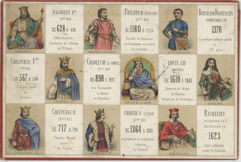 Jeu de loto - Loto des personnages célèbres France - Histoire de Franc - XIX - 9 Plaquettes de jeu - Gravures litho Rehaussé pochoir - Second Empire