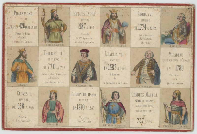 Jeu de loto - Loto des personnages célèbres France - Histoire de Franc - XIX - 9 Plaquettes de jeu - Gravures litho Rehaussé pochoir - Second Empire