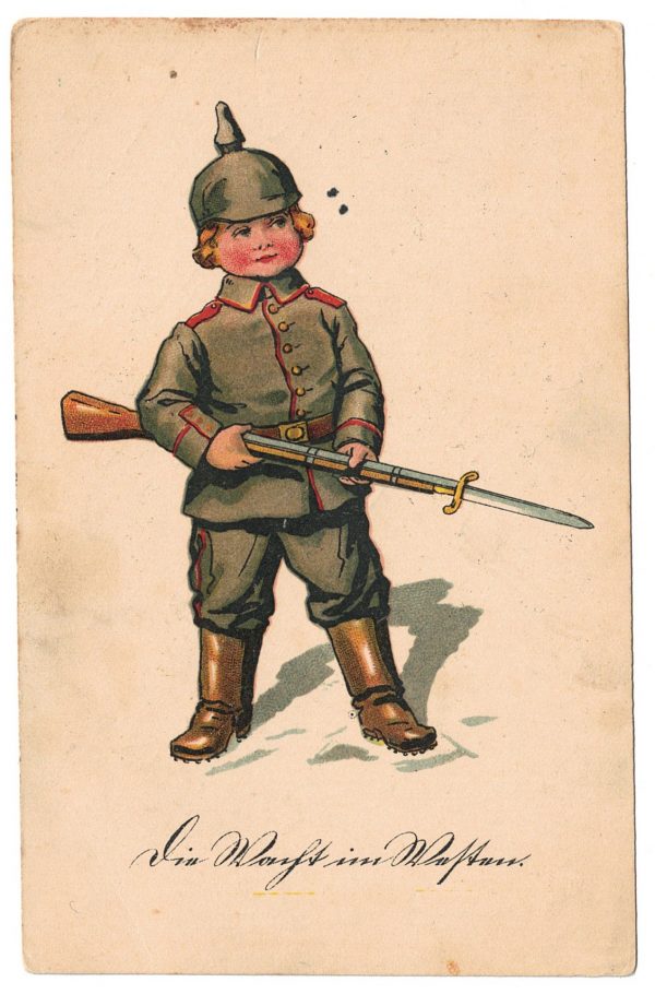 Carte Postale Illustrée - Enfant Soldat Prussien - Guerre 14/18 - Propagande - Casque à pointe - Uniforme - Décorative