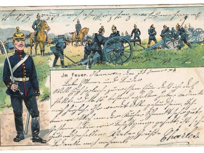 Carte Postale Illustrée - Soldat Prussien - Guerre 14/18 - Propagande - Casque à pointe - Artillerie en campagne - Manoeuvre Sierenz