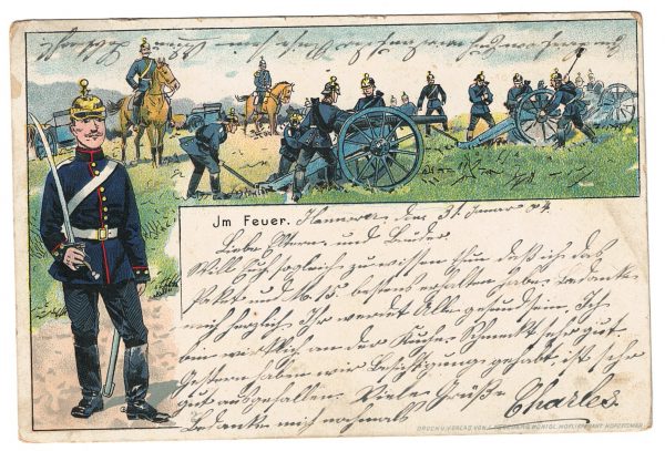 Carte Postale Illustrée - Soldat Prussien - Guerre 14/18 - Propagande - Casque à pointe - Artillerie en campagne - Manoeuvre Sierenz