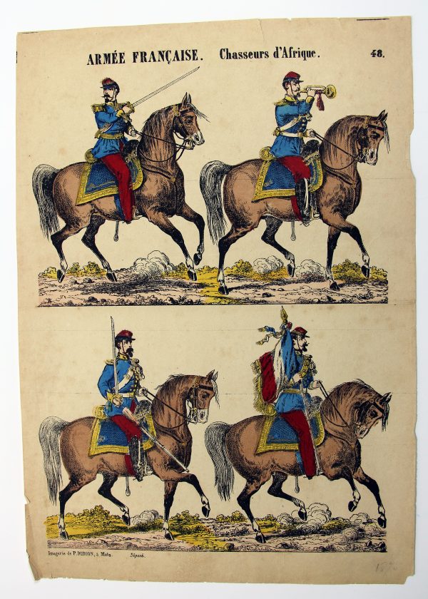 Petits soldats de papier - Feuille imagerie militaire - Ancienne gravure - Uniforme - Soldats Second empire - Chasseurs d'Afrique - Didion Metz