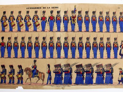 Petits soldats de papier - Feuille imagerie militaire - Ancienne gravure - Uniforme - Gendarmerie de la Seine - Gangel Metz