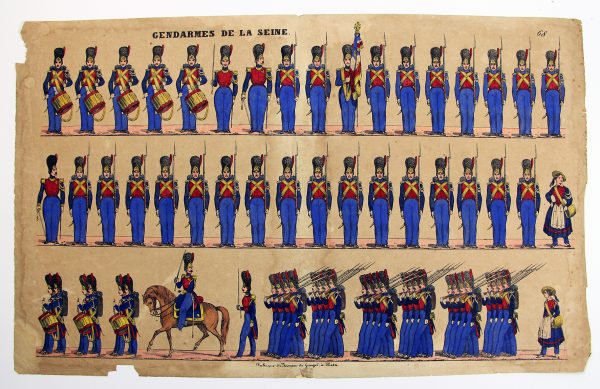 Petits soldats de papier - Feuille imagerie militaire - Ancienne gravure - Uniforme - Gendarmerie de la Seine - Gangel Metz