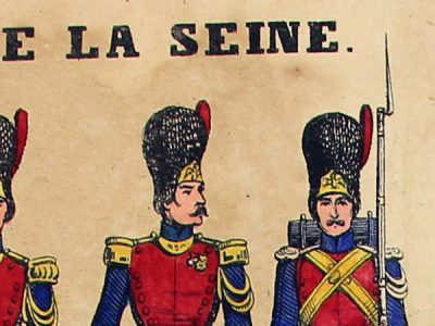 Petits soldats de papier - Feuille imagerie militaire - Ancienne gravure - Uniforme - Gendarmerie de la Seine - Gangel Metz