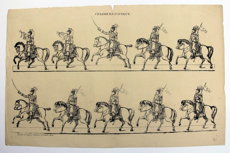 Petits soldats de papier - Feuille imagerie militaire - Ancienne gravure - Uniforme - Chasseurs d'Afrique - Maison Dembour et Gangel - Metz