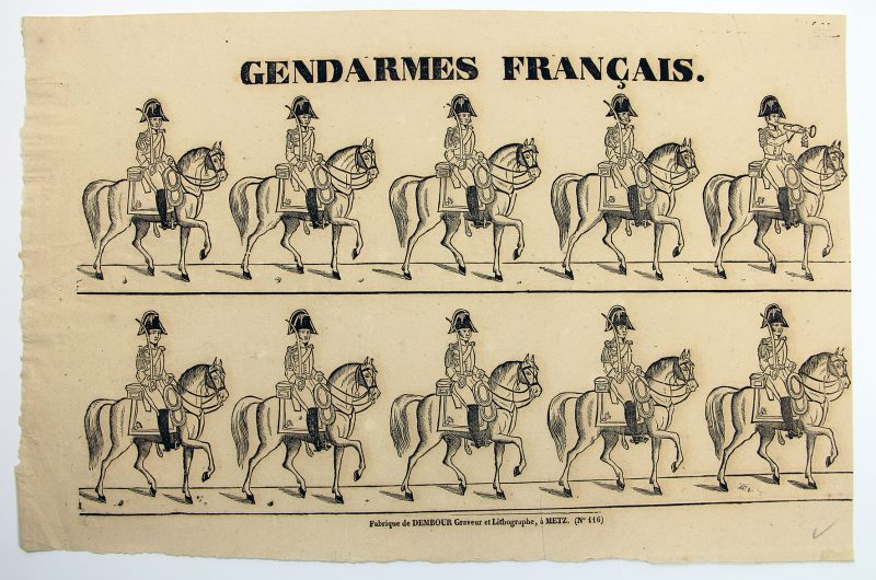 Petits soldats de papier - Feuille imagerie militaire - Ancienne gravure - Uniforme - Gendarmes Français - Maison Dembour - Metz