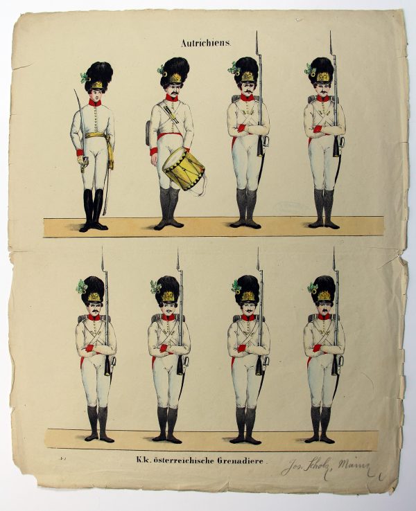 Petits soldats de papier - Feuille imagerie militaire - Ancienne gravure - Uniforme - Autriche Grenadier - Joseph Scholz Main