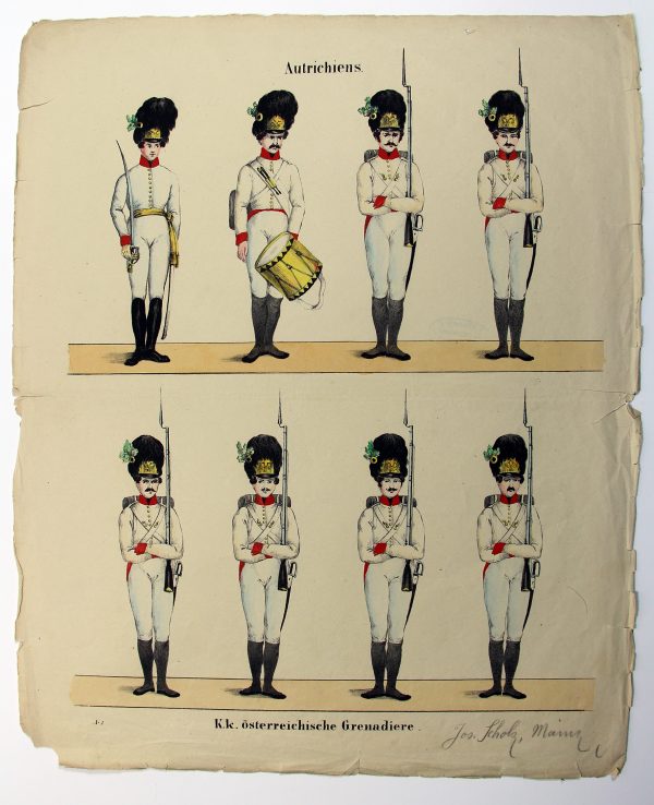 Petits soldats de papier - Feuille imagerie militaire - Ancienne gravure - Uniforme - Autriche Grenadier - Joseph Scholz Main