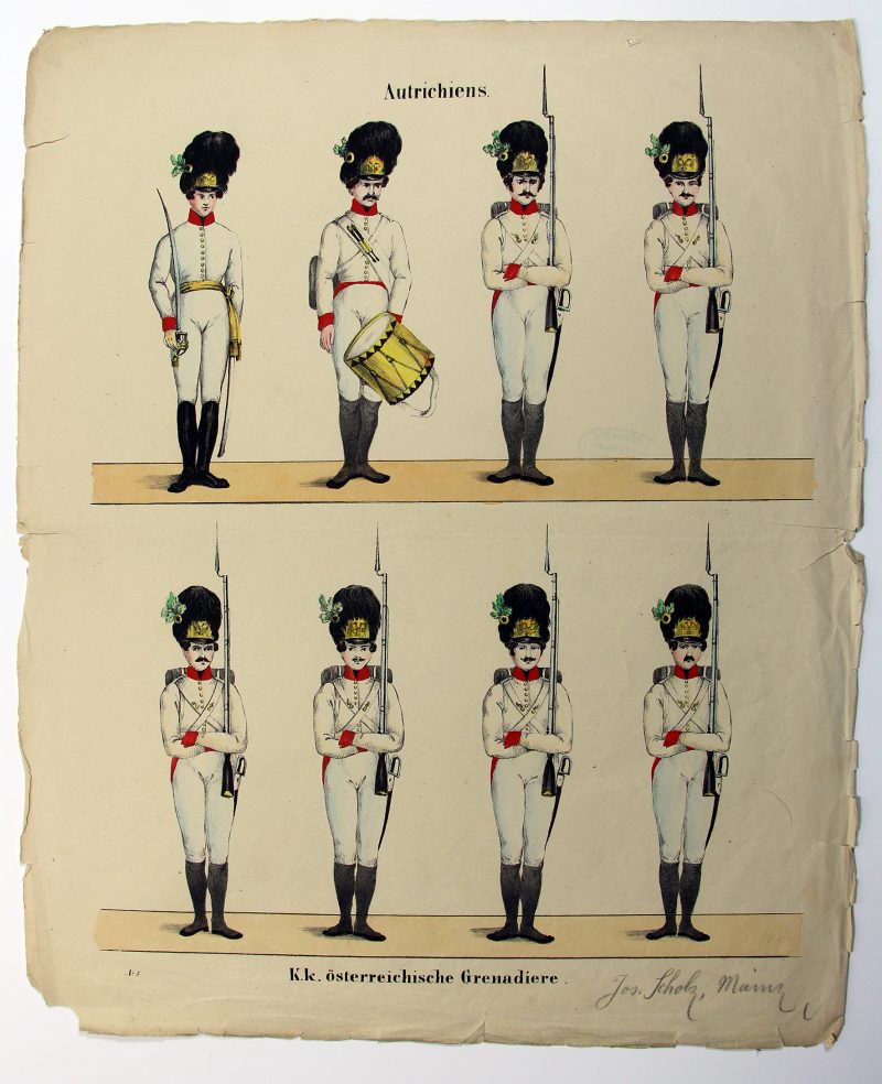 Petits soldats de papier - Feuille imagerie militaire - Ancienne gravure - Uniforme - Autriche Grenadier - Joseph Scholz Main