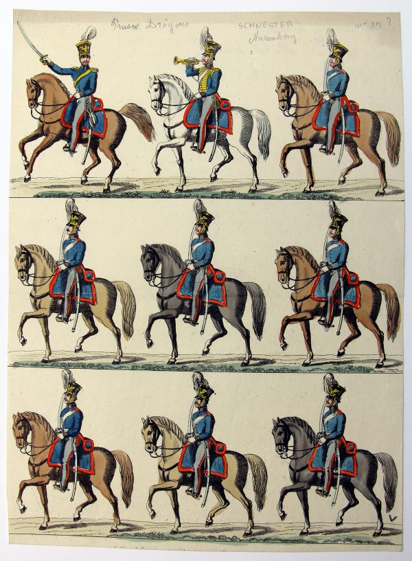 Petits soldats de papier - Feuille imagerie militaire - Ancienne gravure - Uniforme - Soldats Allemand - Prusse Dragons