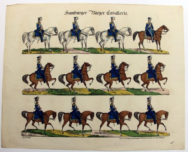 Petits soldats de papier - Feuille imagerie militaire - Ancienne gravure - Uniforme - Soldats Allemands - Hambourg Cavalerie