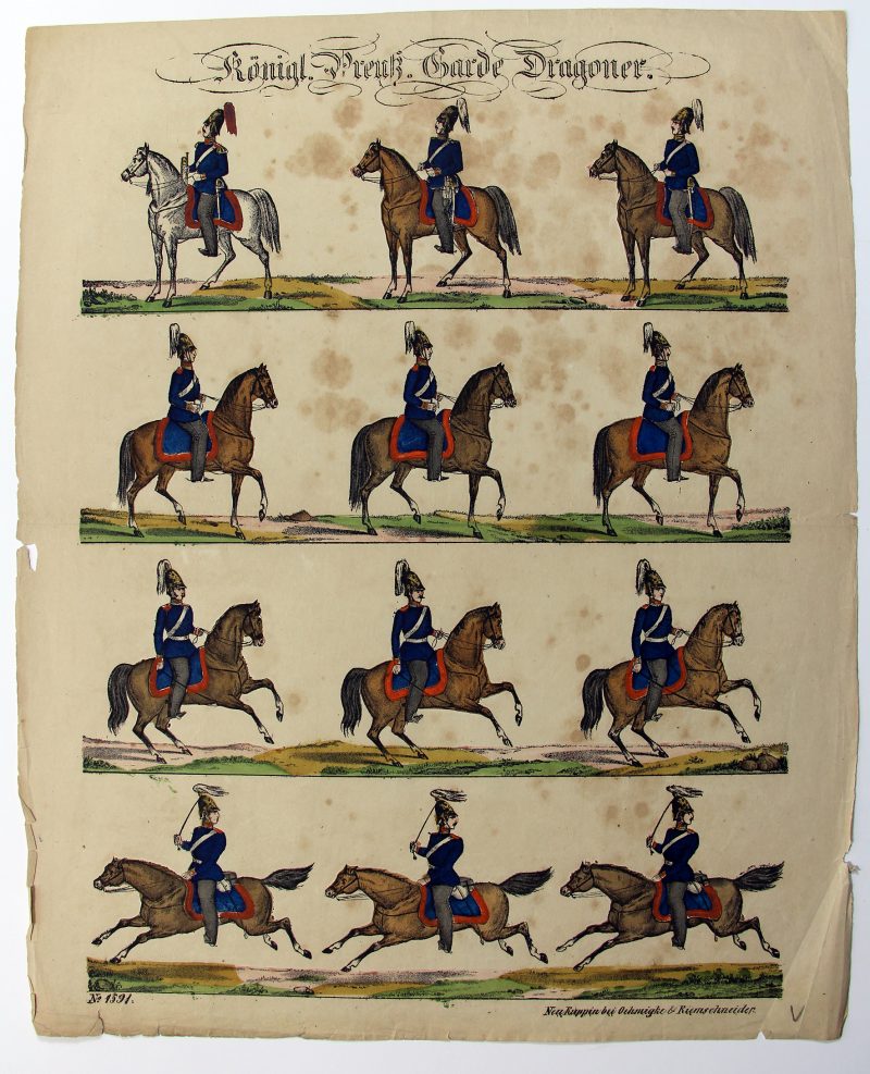 Petits soldats de papier - Feuille imagerie militaire - Ancienne gravure - Uniforme - Soldats Allemands - Cavalerie Dragons de la Garde